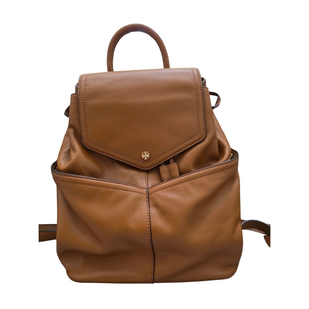 Tory Burch Leather Backpack Medium Tan Gold Logo Flap Everyday Designer Bag